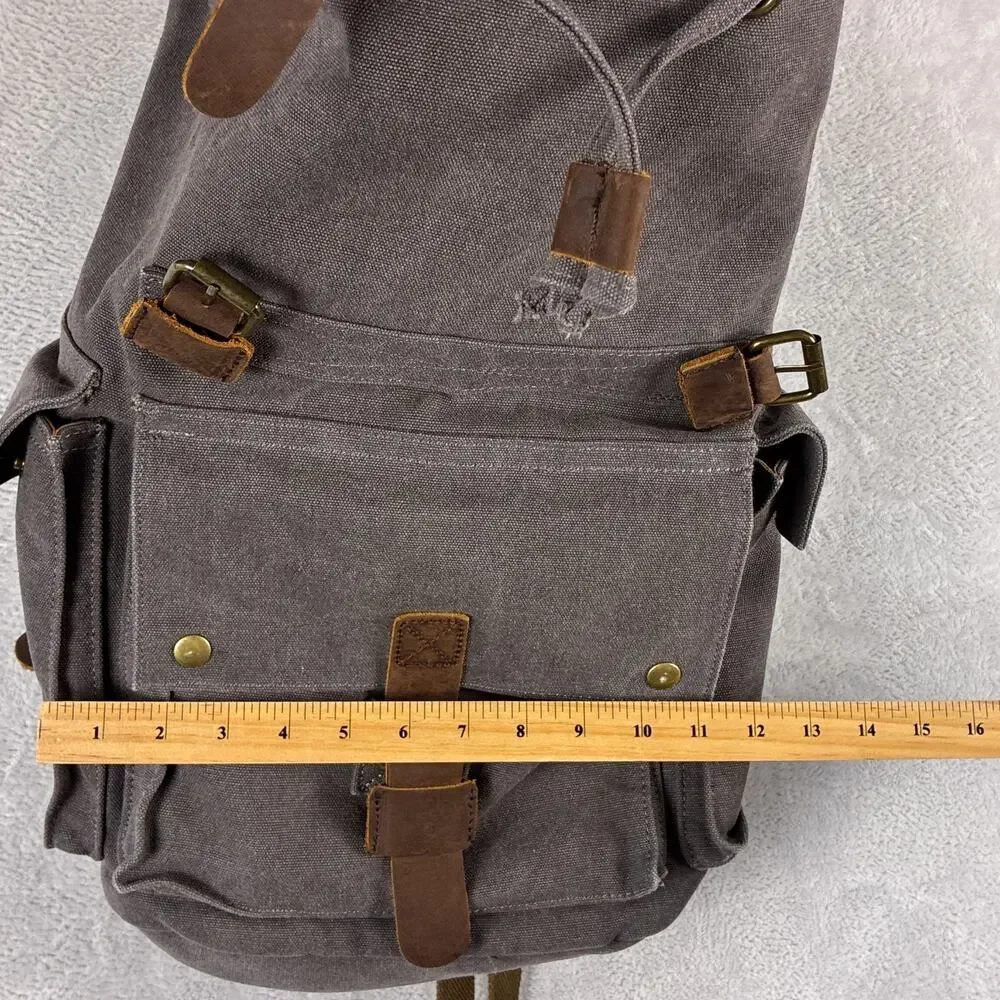 Kattee Backpack Gray Canvas Leather Rucksack Utility Outdoors Hiking Y2K